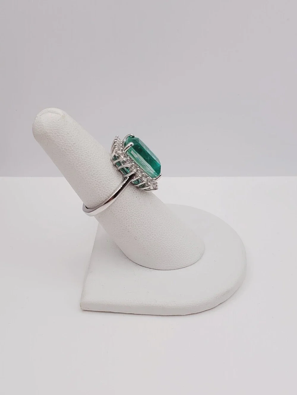 Emerald Green Quartz & White Zircon Halo Ring - Platinum - 925 Sterling Silver